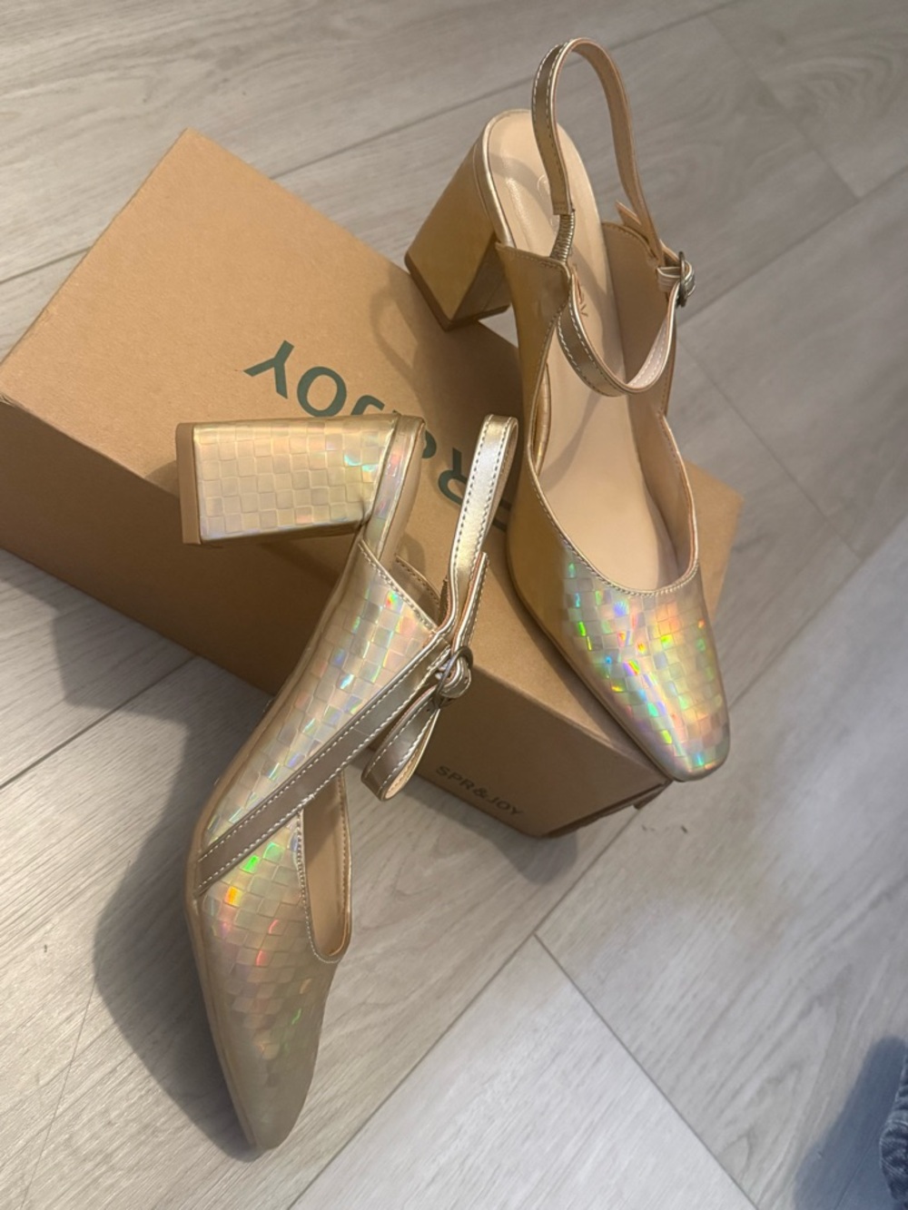 Gold Iridescent Slingback Block Heel Pumps